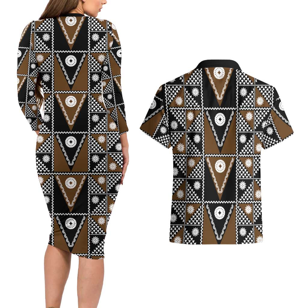 Fiji Brown Masi Pattern Couples Matching Long Sleeve Bodycon Dress and Hawaiian Shirt Fijian Tapa