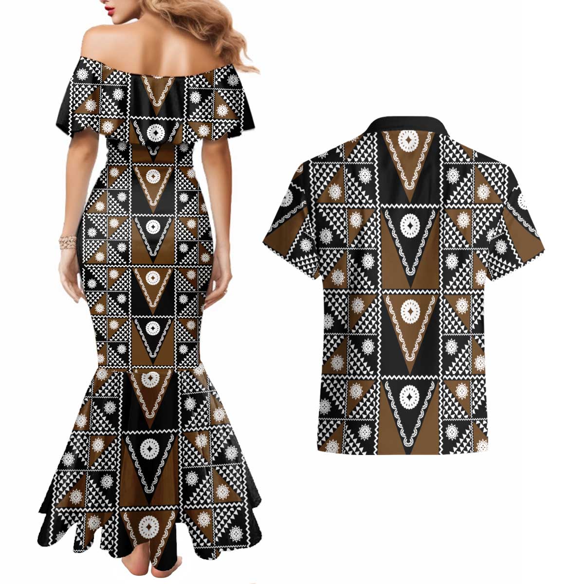 Fiji Brown Masi Pattern Couples Matching Mermaid Dress and Hawaiian Shirt Fijian Tapa LT01 - Polynesian Pride