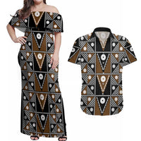 Fiji Brown Masi Pattern Couples Matching Off Shoulder Maxi Dress and Hawaiian Shirt Fijian Tapa