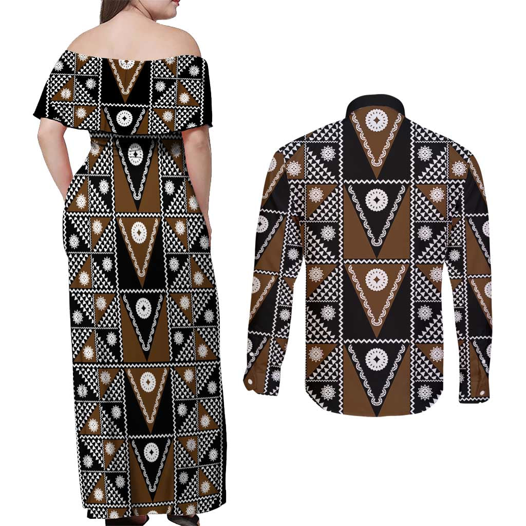 Fiji Brown Masi Pattern Couples Matching Off Shoulder Maxi Dress and Long Sleeve Button Shirt Fijian Tapa
