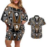 Fiji Brown Masi Pattern Couples Matching Off Shoulder Short Dress and Hawaiian Shirt Fijian Tapa