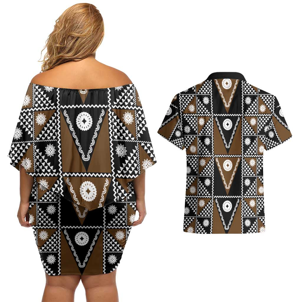 Fiji Brown Masi Pattern Couples Matching Off Shoulder Short Dress and Hawaiian Shirt Fijian Tapa