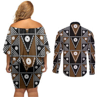 Fiji Brown Masi Pattern Couples Matching Off Shoulder Short Dress and Long Sleeve Button Shirt Fijian Tapa