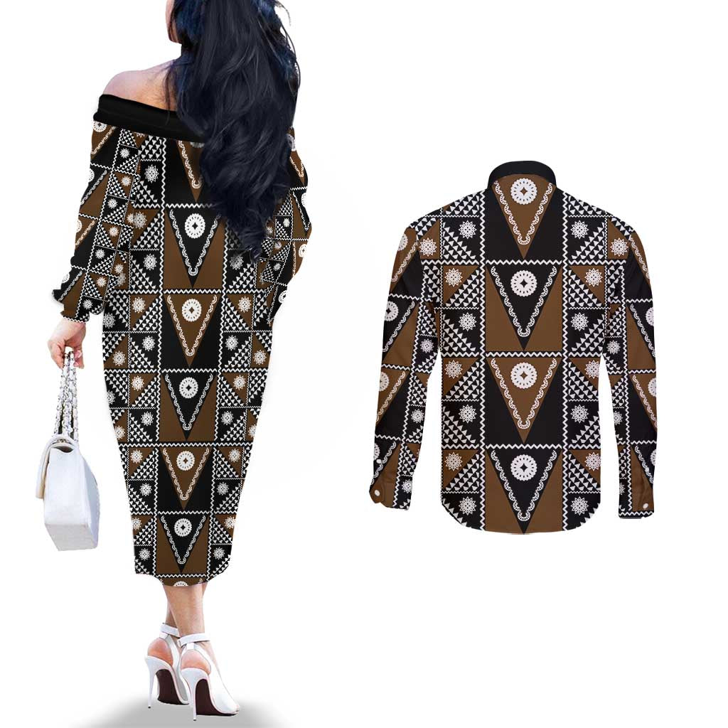 Fiji Brown Masi Pattern Couples Matching Off The Shoulder Long Sleeve Dress and Long Sleeve Button Shirt Fijian Tapa