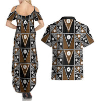 Fiji Brown Masi Pattern Couples Matching Summer Maxi Dress and Hawaiian Shirt Fijian Tapa