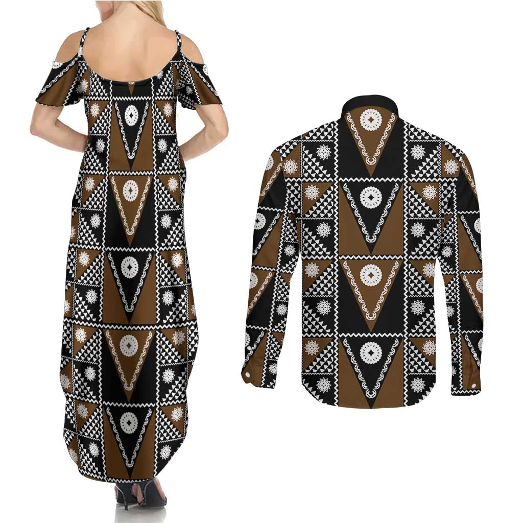 Fiji Brown Masi Pattern Couples Matching Summer Maxi Dress and Long Sleeve Button Shirt Fijian Tapa