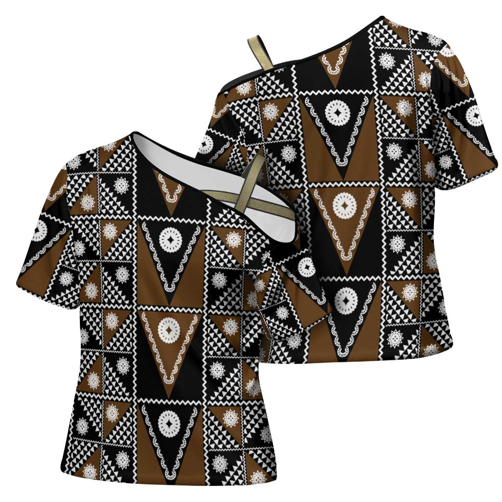 Fiji Brown Masi Pattern Cross Shoulder Shirt Fijian Tapa