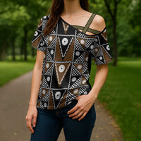 Fiji Brown Masi Pattern Cross Shoulder Shirt Fijian Tapa