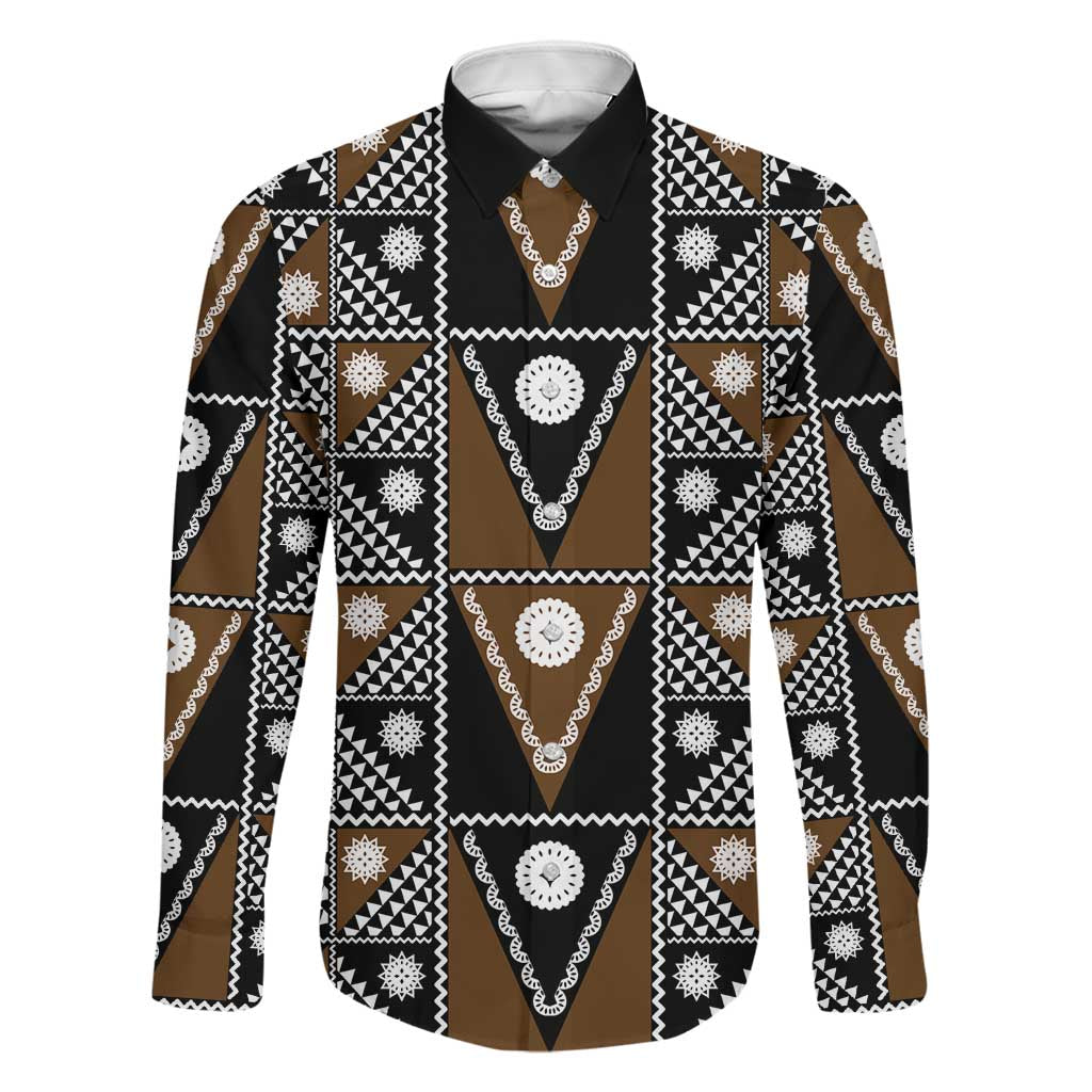 Fiji Brown Masi Pattern Family Matching Long Sleeve Bodycon Dress and Hawaiian Shirt Fijian Tapa LT01 Dad's Shirt - Long Sleeve Brown - Polynesian Pride