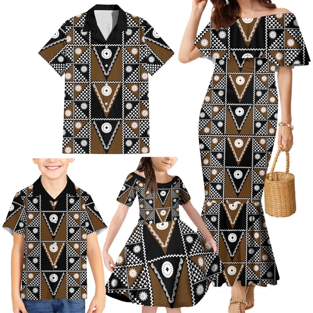 Fiji Brown Masi Pattern Family Matching Mermaid Dress and Hawaiian Shirt Fijian Tapa
