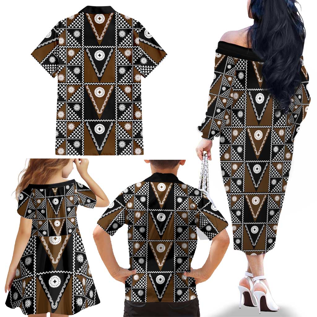 Fiji Brown Masi Pattern Family Matching Off The Shoulder Long Sleeve Dress and Hawaiian Shirt Fijian Tapa LT01 - Polynesian Pride