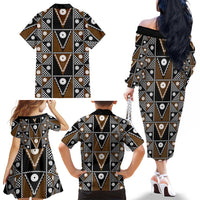 Fiji Brown Masi Pattern Family Matching Off The Shoulder Long Sleeve Dress and Hawaiian Shirt Fijian Tapa LT01 - Polynesian Pride