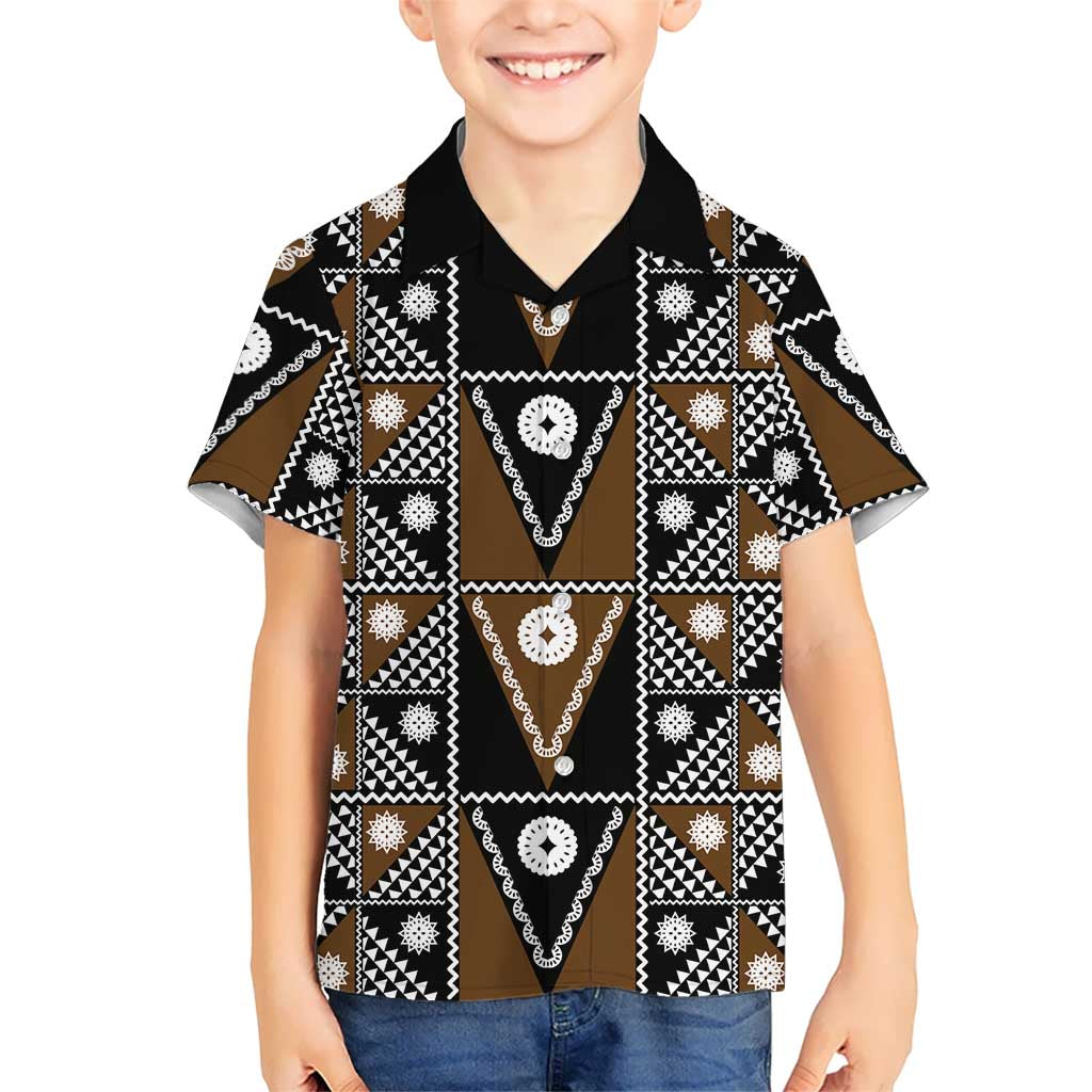 Fiji Brown Masi Pattern Family Matching Off The Shoulder Long Sleeve Dress and Hawaiian Shirt Fijian Tapa LT01 Son's Shirt Brown - Polynesian Pride