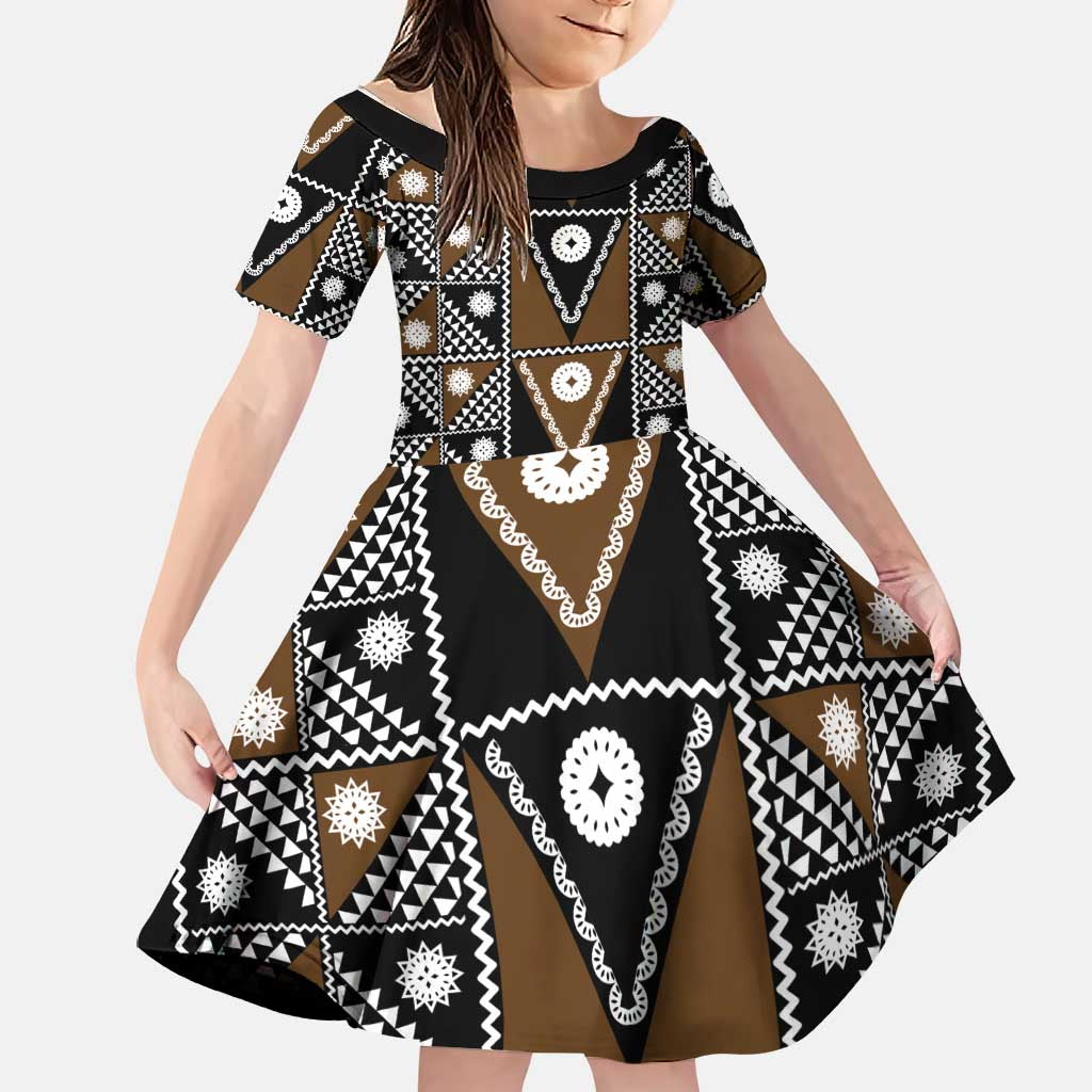 Fiji Brown Masi Pattern Family Matching Off Shoulder Short Dress and Hawaiian Shirt Fijian Tapa