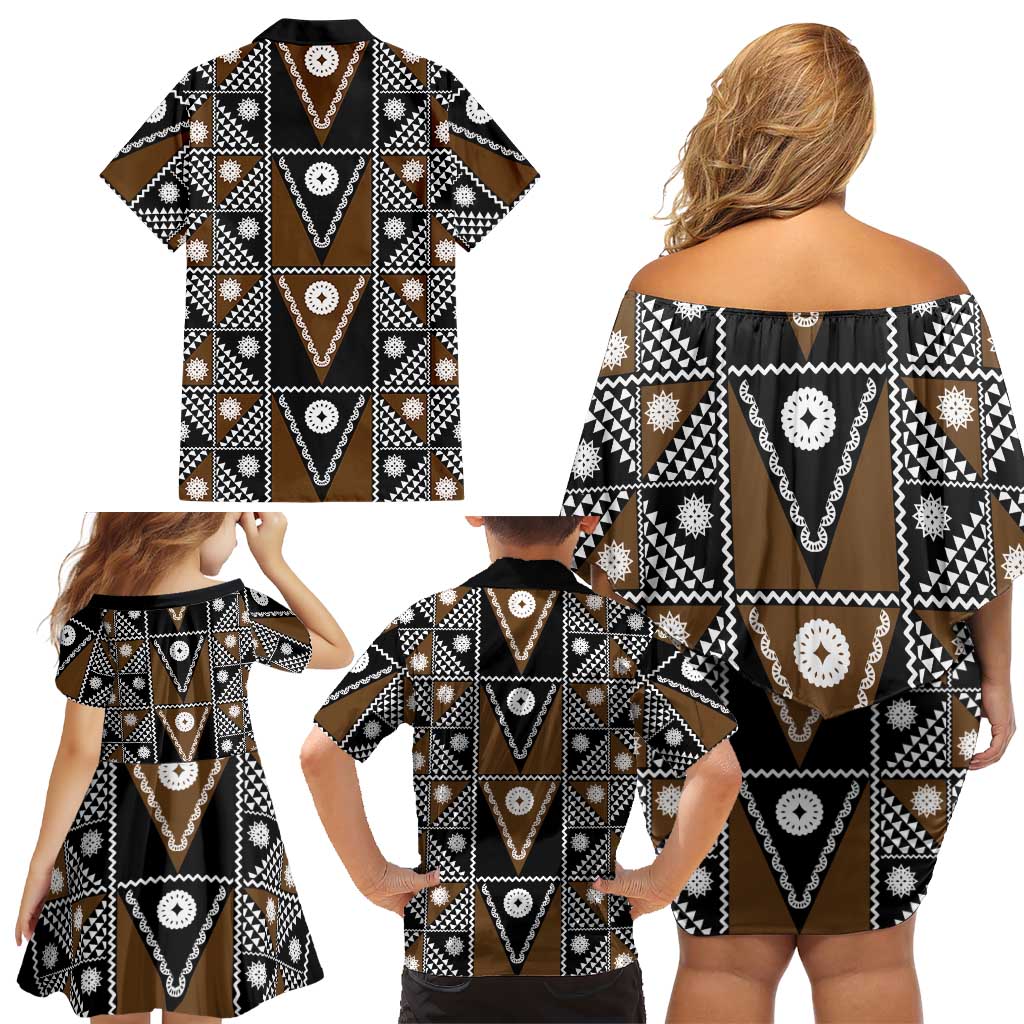 Fiji Brown Masi Pattern Family Matching Off Shoulder Short Dress and Hawaiian Shirt Fijian Tapa