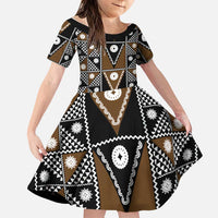 Fiji Brown Masi Pattern Family Matching Short Sleeve Bodycon Dress and Hawaiian Shirt Fijian Tapa LT01 Daughter's Dress Brown - Polynesian Pride