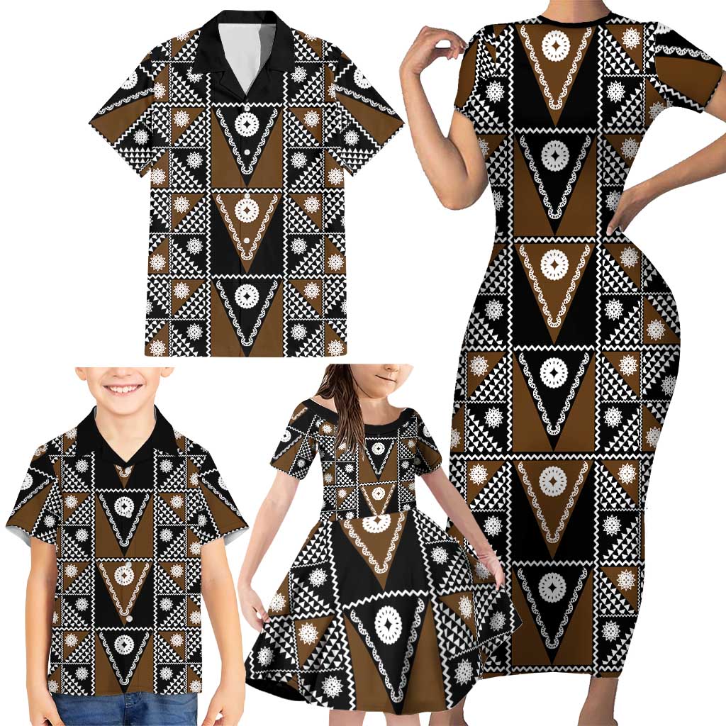 Fiji Brown Masi Pattern Family Matching Short Sleeve Bodycon Dress and Hawaiian Shirt Fijian Tapa
