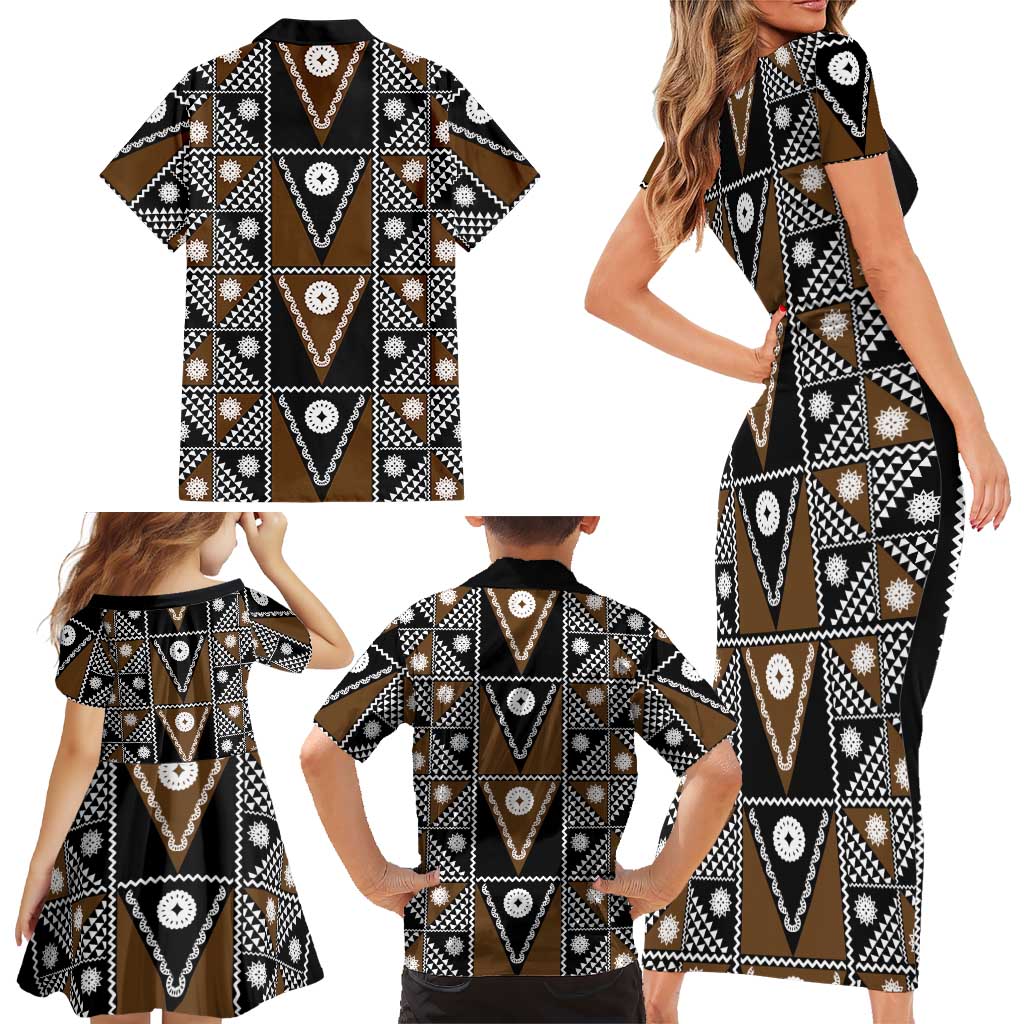 Fiji Brown Masi Pattern Family Matching Short Sleeve Bodycon Dress and Hawaiian Shirt Fijian Tapa LT01 - Polynesian Pride