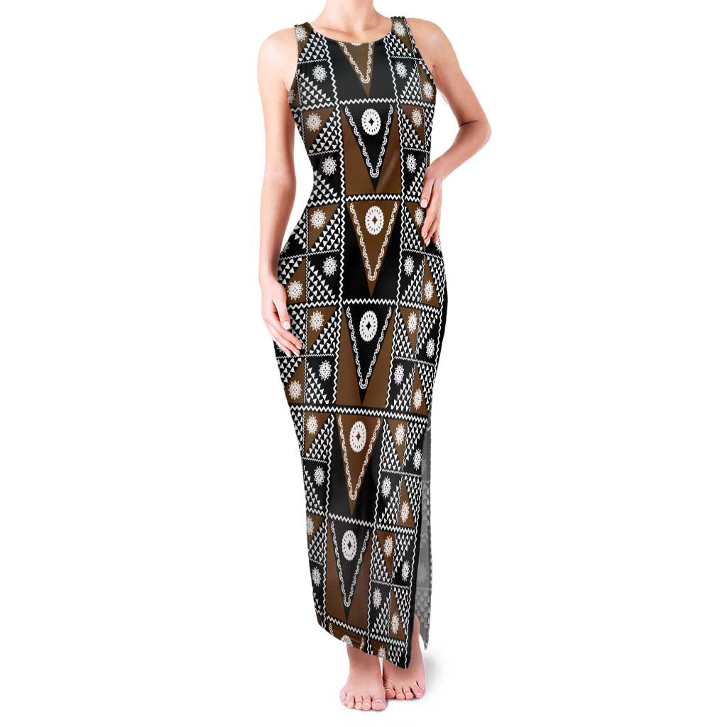 Fiji Brown Masi Pattern Family Matching Tank Maxi Dress and Hawaiian Shirt Fijian Tapa LT01 Mom's Dress Brown - Polynesian Pride