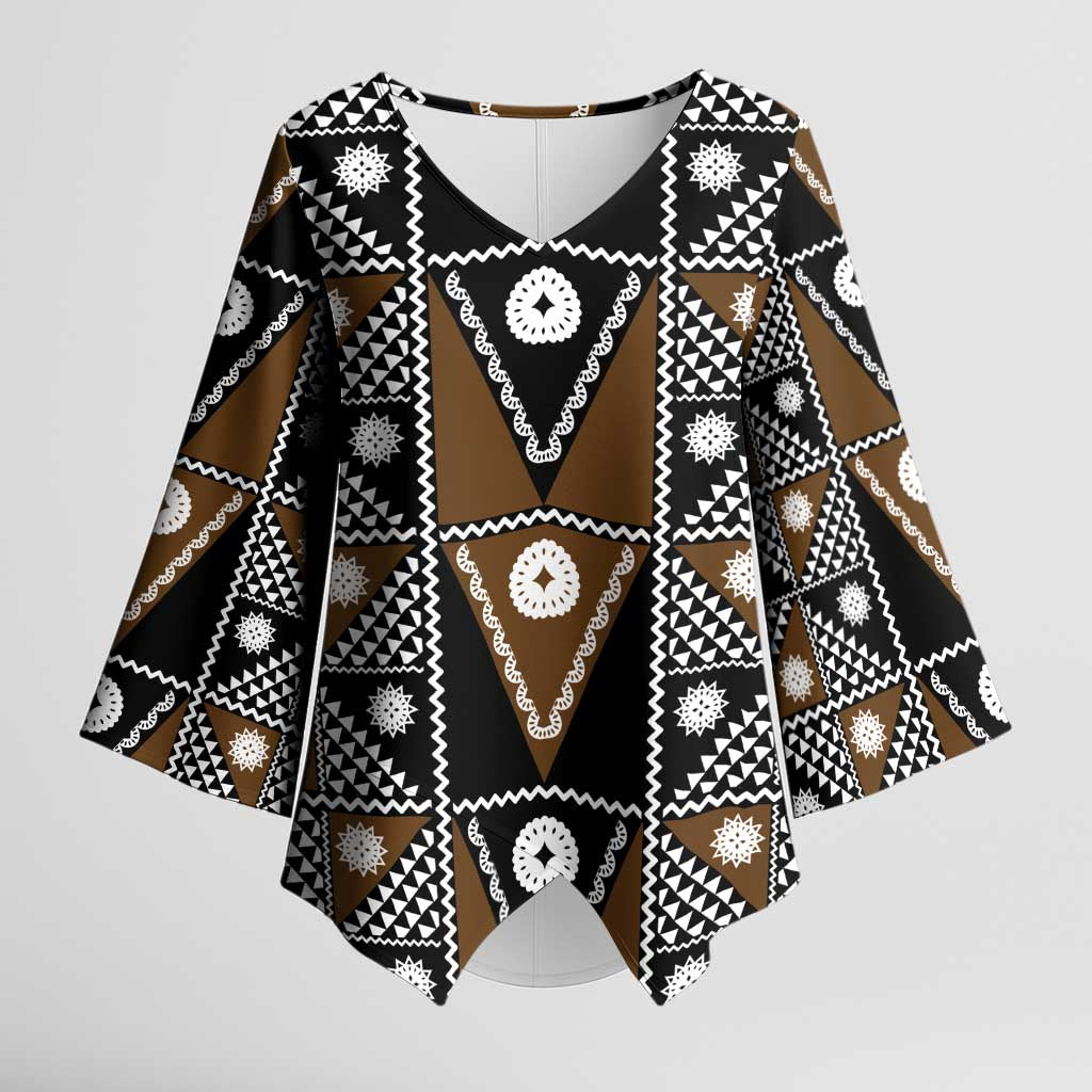 Fiji Brown Masi Pattern Kimono Sleeve Blouse Fijian Tapa