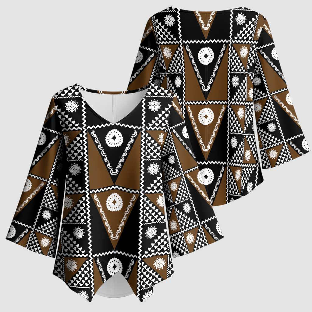 Fiji Brown Masi Pattern Kimono Sleeve Blouse Fijian Tapa