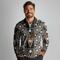 Fiji Brown Masi Pattern Long Sleeve Polo Shirt Fijian Tapa