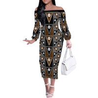 Fiji Brown Masi Pattern Off The Shoulder Long Sleeve Dress Fijian Tapa