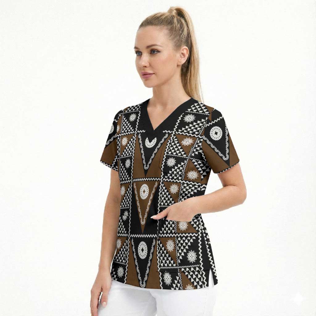 Fiji Brown Masi Pattern Scrub Top Fijian Tapa
