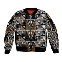 Fiji Brown Masi Pattern Sleeve Zip Bomber Jacket Fijian Tapa