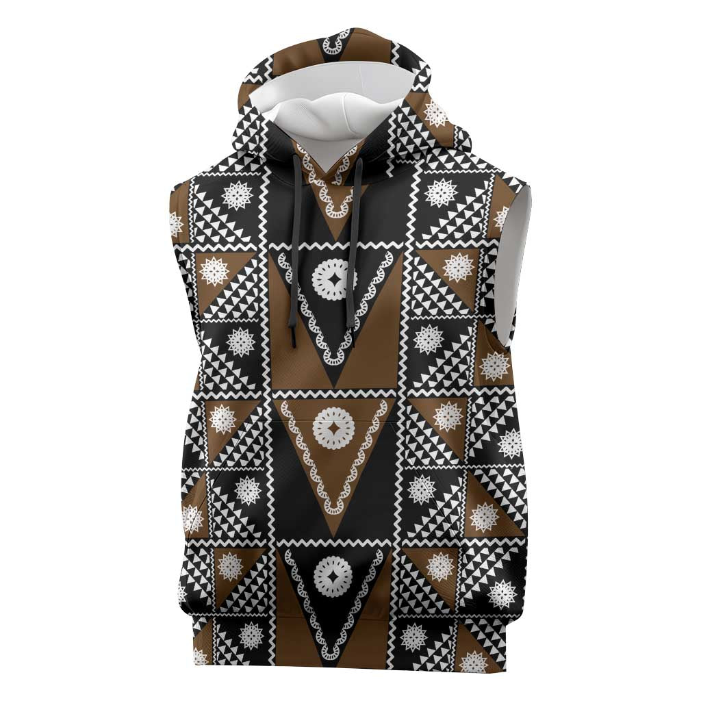 Fiji Brown Masi Pattern Sleeveless Hoodie Fijian Tapa