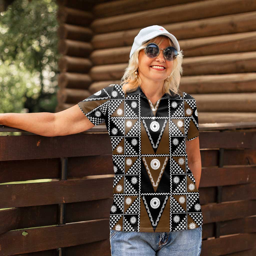 Fiji Brown Masi Pattern Women Polo Shirt Fijian Tapa