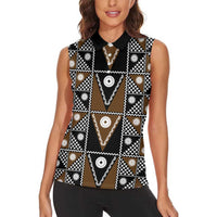 Fiji Brown Masi Pattern Women Sleeveless Polo Shirt Fijian Tapa