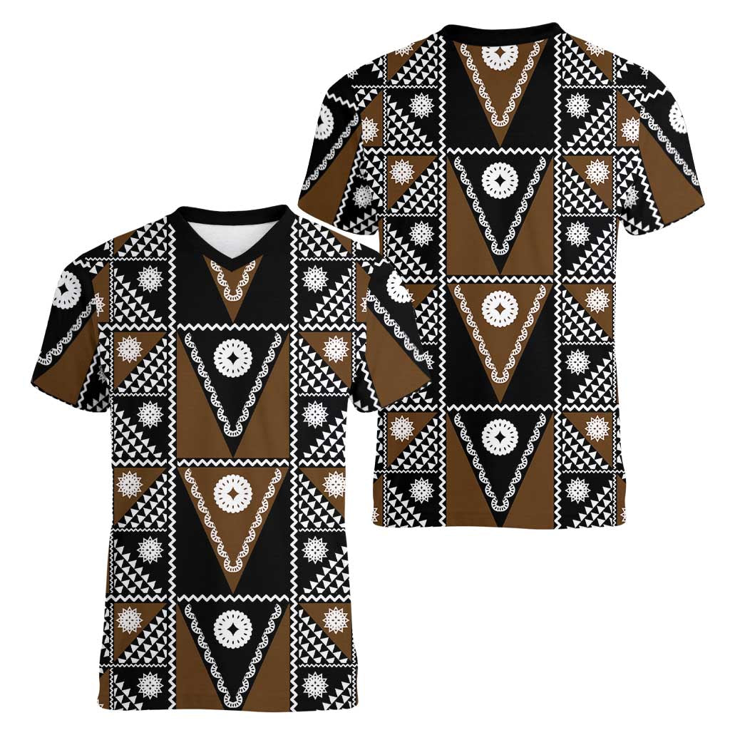 Fiji Brown Masi Pattern Women V-Neck T-Shirt Fijian Tapa