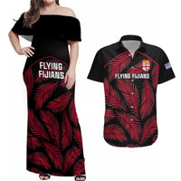 Fiji Rugby Couples Matching Off Shoulder Maxi Dress and Hawaiian Shirt Flying Fijians Red Palm Tree Version LT01 Black - Polynesian Pride