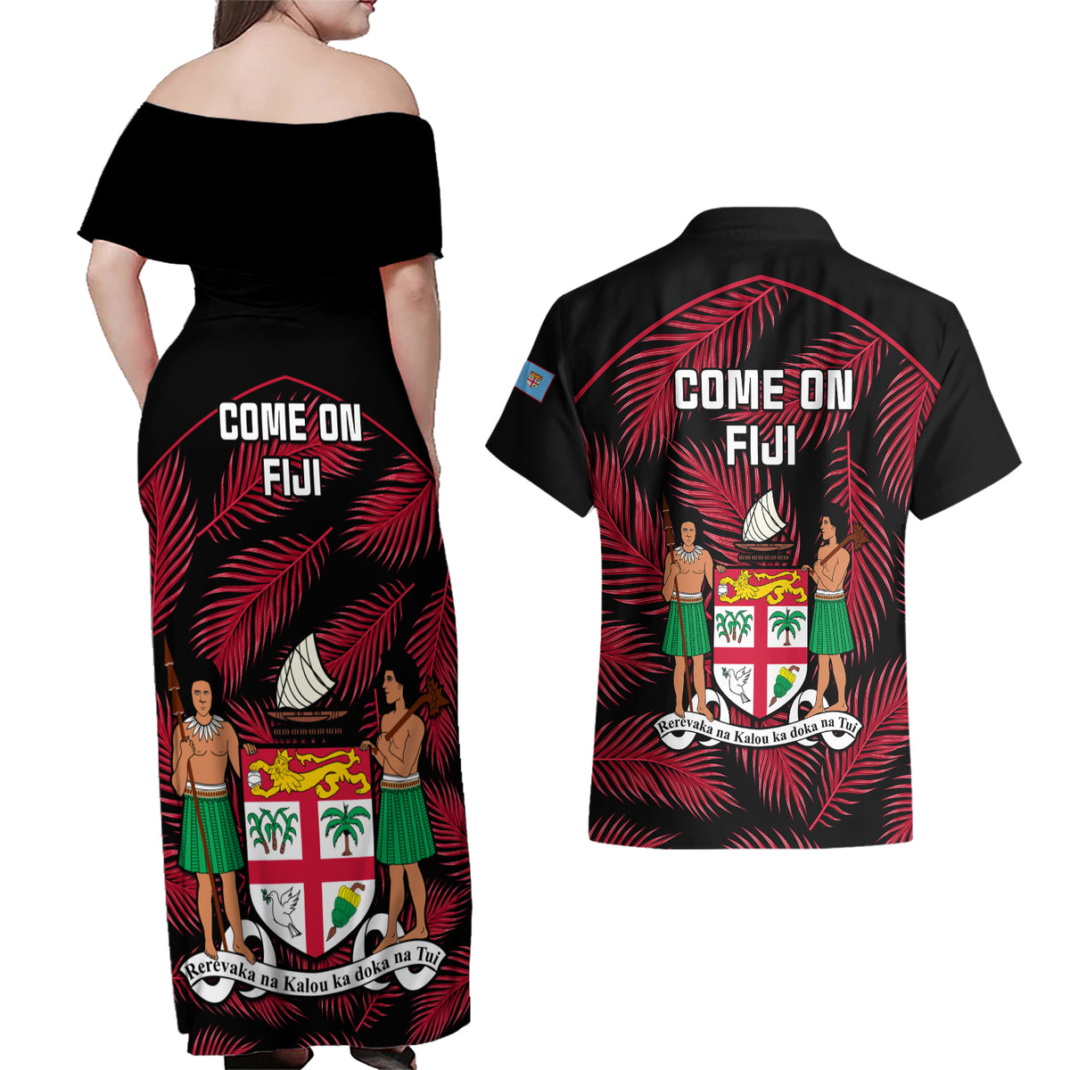 Fiji Rugby Couples Matching Off Shoulder Maxi Dress and Hawaiian Shirt Flying Fijians Red Palm Tree Version LT01 - Polynesian Pride