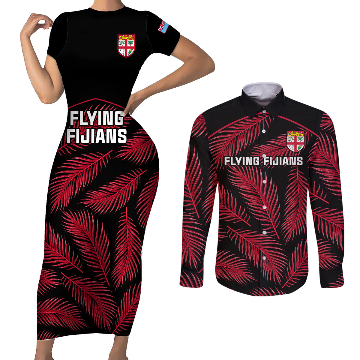 fiji-rugby-couples-matching-short-sleeve-bodycon-dress-and-long-sleeve-button-shirts-flying-fijians-red-palm-tree-version