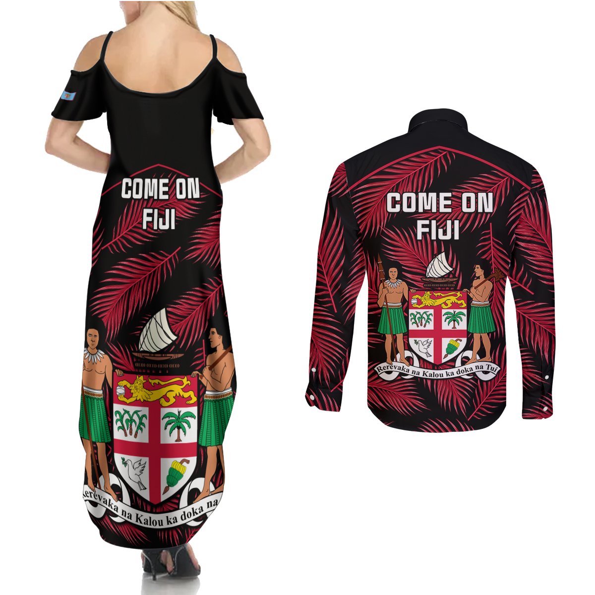 fiji-rugby-couples-matching-summer-maxi-dress-and-long-sleeve-button-shirts-flying-fijians-red-palm-tree-version