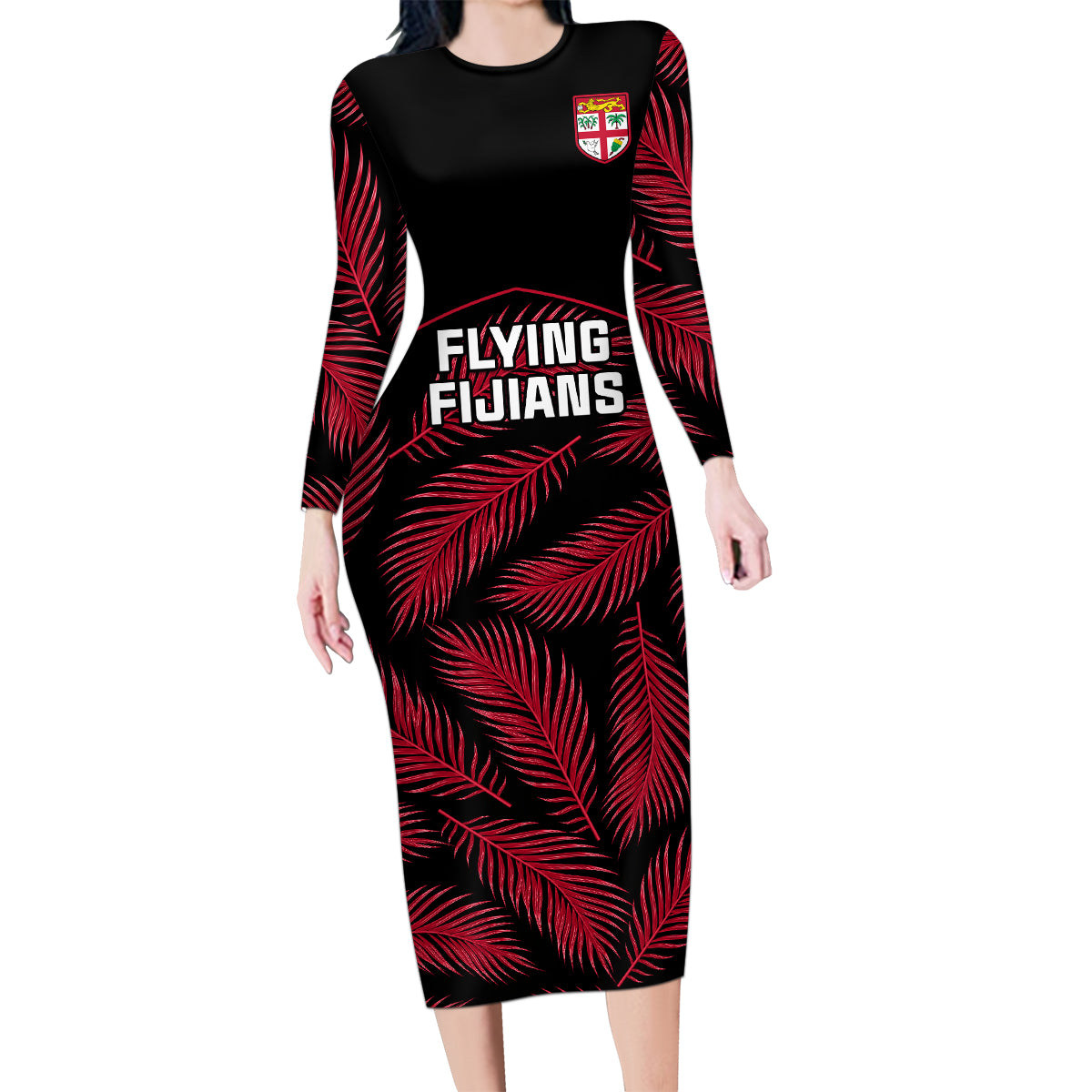 Fiji Rugby Family Matching Long Sleeve Bodycon Dress and Hawaiian Shirt Flying Fijians Red Palm Tree Version LT01 Mom's Dress Black - Polynesian Pride