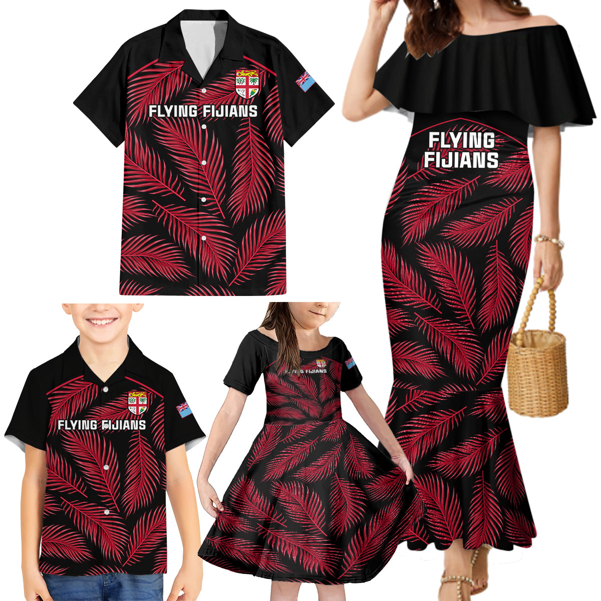 Fiji Rugby Family Matching Mermaid Dress and Hawaiian Shirt Flying Fijians Red Palm Tree Version LT01 - Polynesian Pride