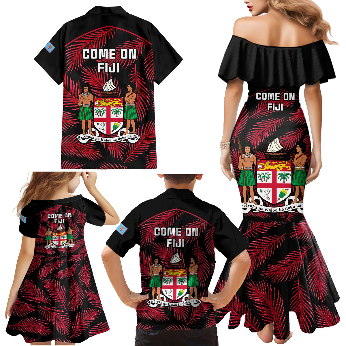 Fiji Rugby Family Matching Mermaid Dress and Hawaiian Shirt Flying Fijians Red Palm Tree Version LT01 - Polynesian Pride