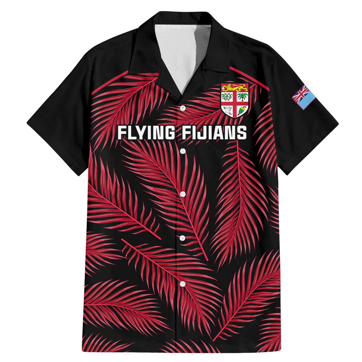 Fiji Rugby Family Matching Mermaid Dress and Hawaiian Shirt Flying Fijians Red Palm Tree Version LT01 Dad's Shirt - Short Sleeve Black - Polynesian Pride