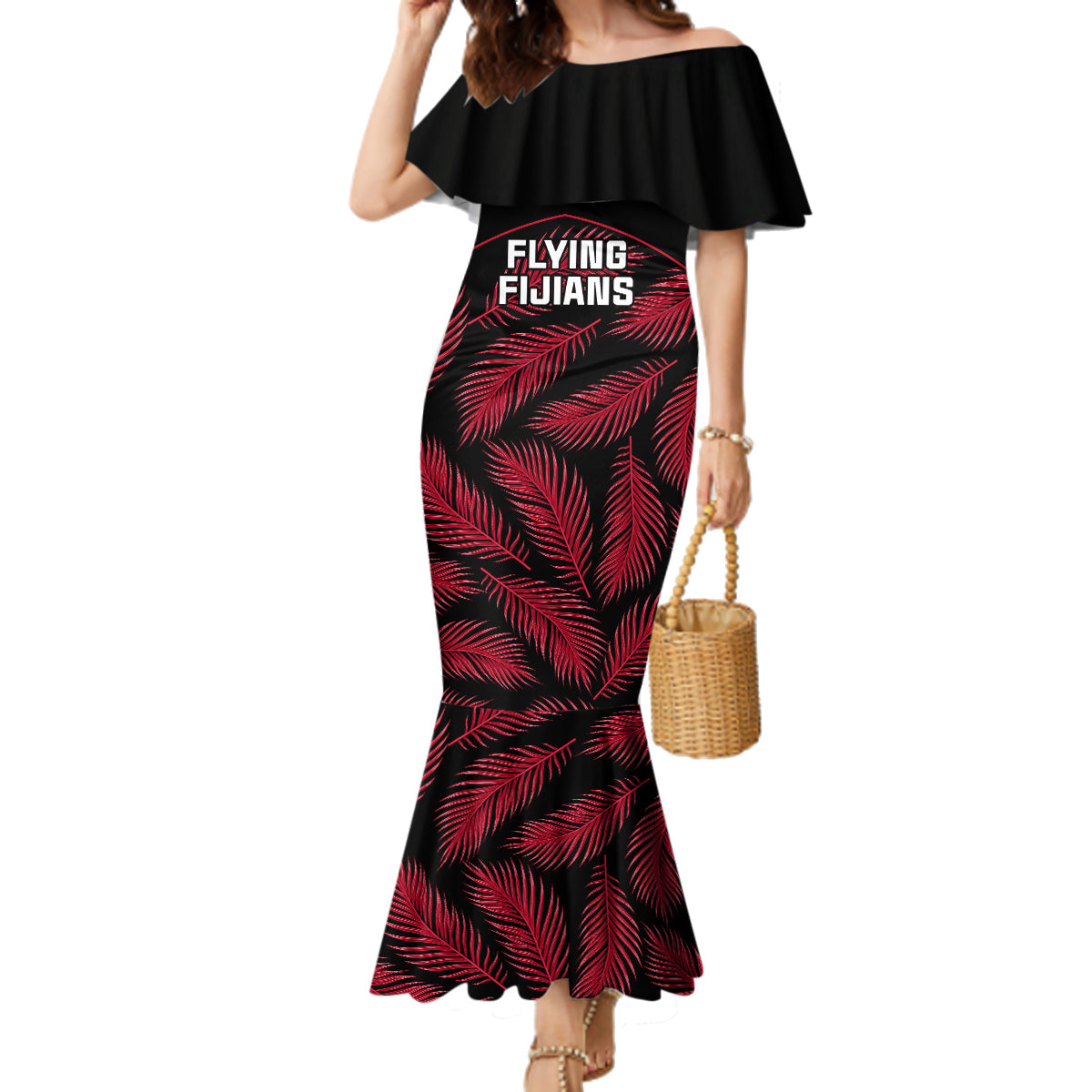 Fiji Rugby Family Matching Mermaid Dress and Hawaiian Shirt Flying Fijians Red Palm Tree Version LT01 Mom's Dress Black - Polynesian Pride