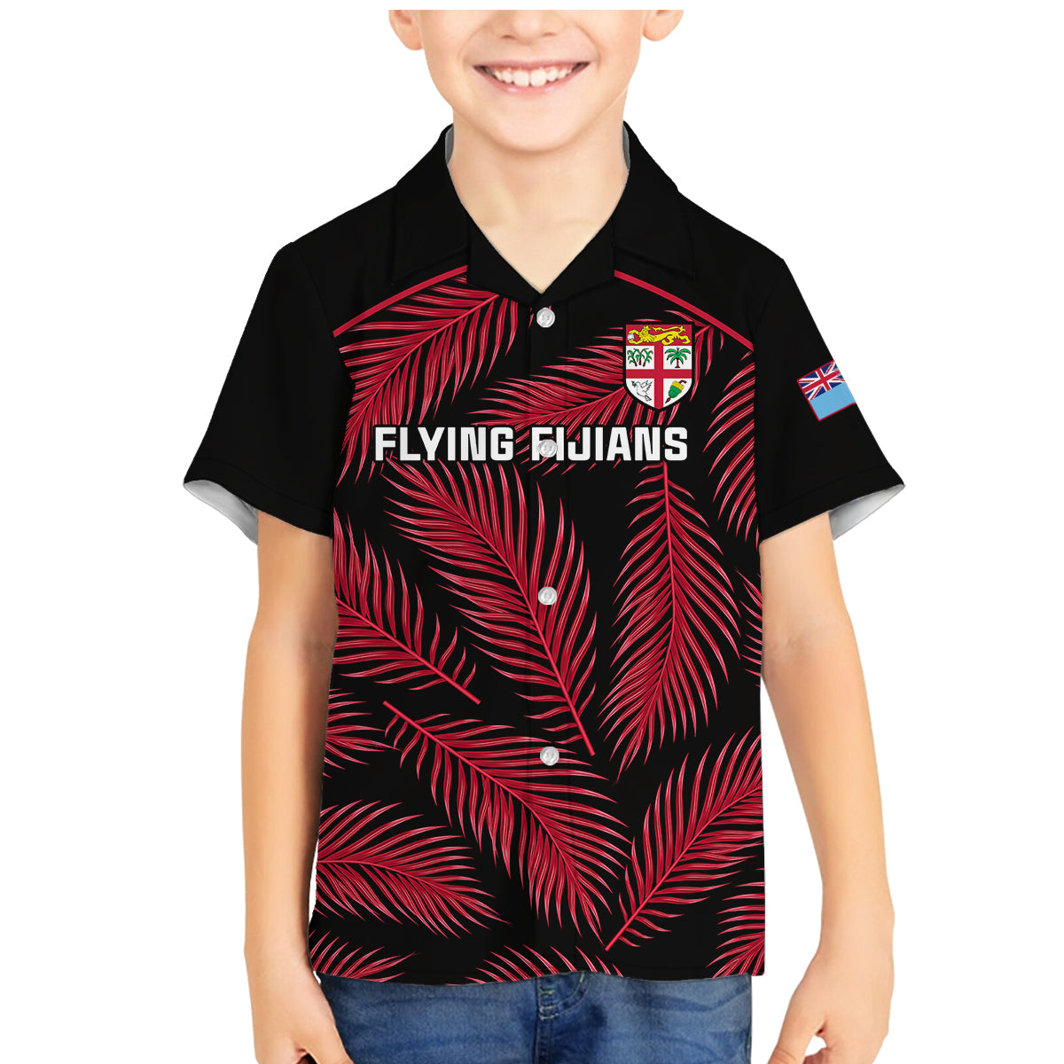 Fiji Rugby Family Matching Mermaid Dress and Hawaiian Shirt Flying Fijians Red Palm Tree Version LT01 Son's Shirt Black - Polynesian Pride