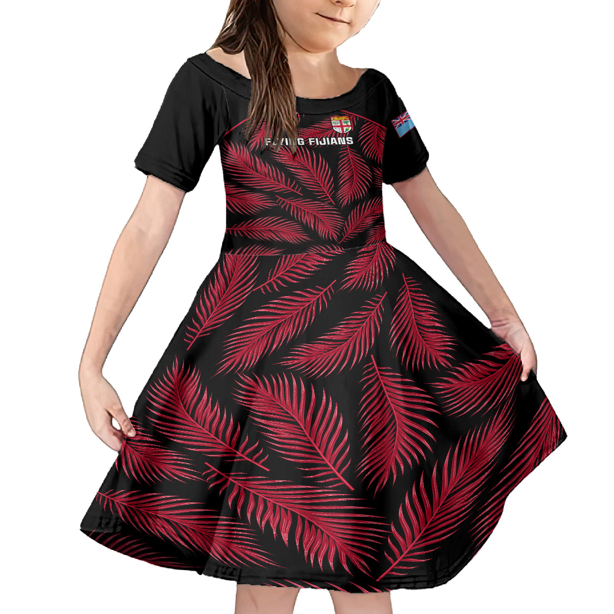 Fiji Rugby Family Matching Off Shoulder Long Sleeve Dress and Hawaiian Shirt Flying Fijians Red Palm Tree Version LT01 Daughter's Dress Black - Polynesian Pride