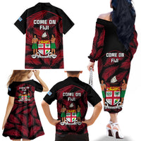 Fiji Rugby Family Matching Off Shoulder Long Sleeve Dress and Hawaiian Shirt Flying Fijians Red Palm Tree Version LT01 - Polynesian Pride