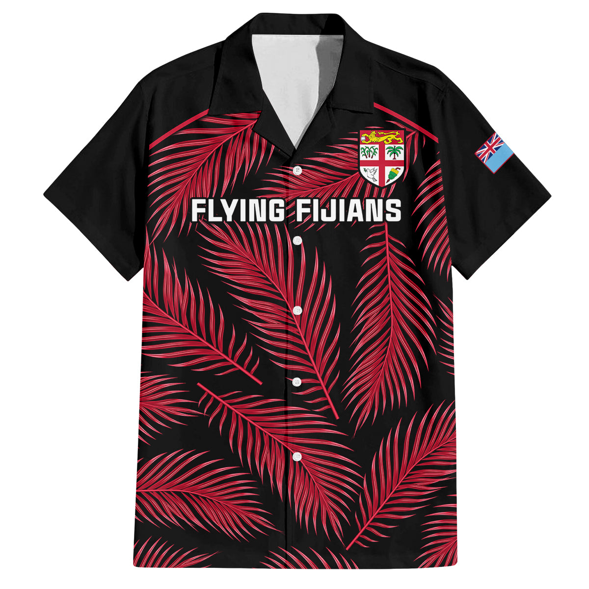 Fiji Rugby Family Matching Off Shoulder Long Sleeve Dress and Hawaiian Shirt Flying Fijians Red Palm Tree Version LT01 Dad's Shirt - Short Sleeve Black - Polynesian Pride