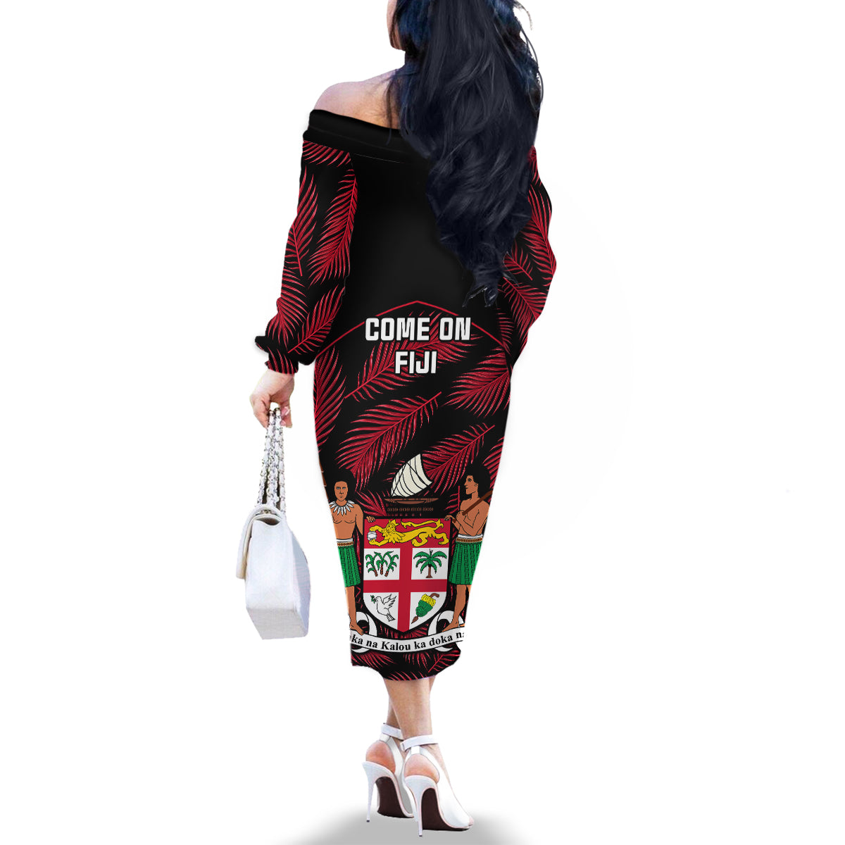 Fiji Rugby Family Matching Off Shoulder Long Sleeve Dress and Hawaiian Shirt Flying Fijians Red Palm Tree Version LT01 - Polynesian Pride