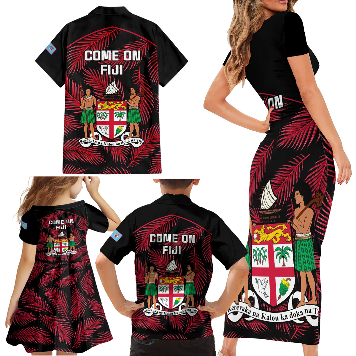Fiji Rugby Family Matching Short Sleeve Bodycon Dress and Hawaiian Shirt Flying Fijians Red Palm Tree Version LT01 - Polynesian Pride