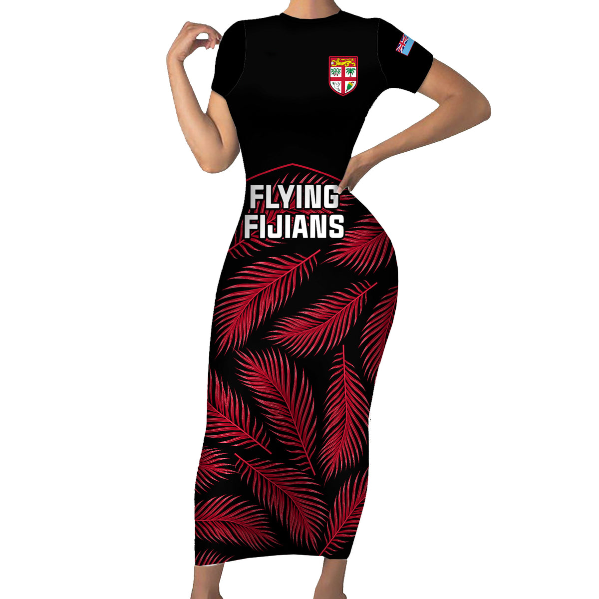 Fiji Rugby Family Matching Short Sleeve Bodycon Dress and Hawaiian Shirt Flying Fijians Red Palm Tree Version LT01 Mom's Dress Black - Polynesian Pride