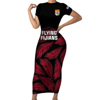 Fiji Rugby Family Matching Short Sleeve Bodycon Dress and Hawaiian Shirt Flying Fijians Red Palm Tree Version LT01 Mom's Dress Black - Polynesian Pride